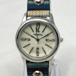 Geneva Watch Women 32mm Silver Tone MOP Dial Snap Blue Brown Band New Battery